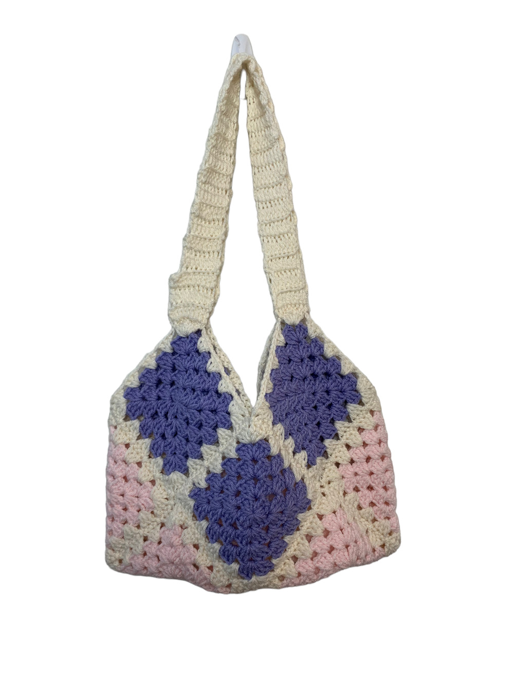 Handmade Knit Crochet Purse Pink and Purple Granny Square Shoulder Bag